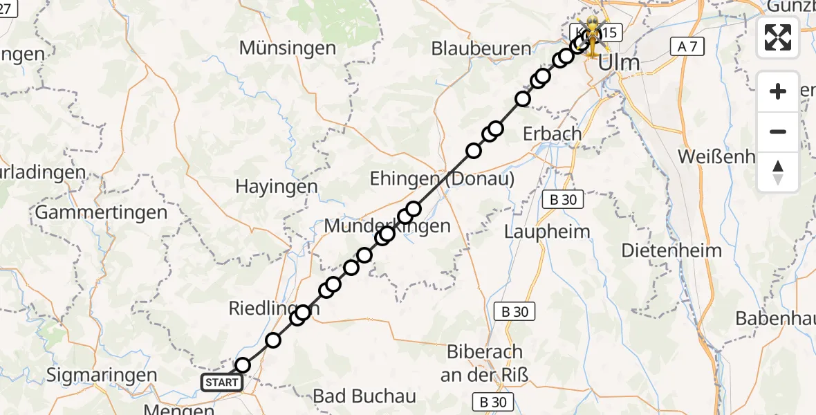 Flugroute Rettungshubschrauber Herbertingen - Ulm Military Hospital Emergency Hubschrauberlandeplatz, 12 September 2026, 12:45