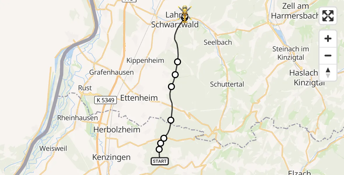 Flugroute Ambulanzhubschrauber Kenzingen - Ortenau Hospital Lahr-Ettenheim, 12 September 2026, 12:49