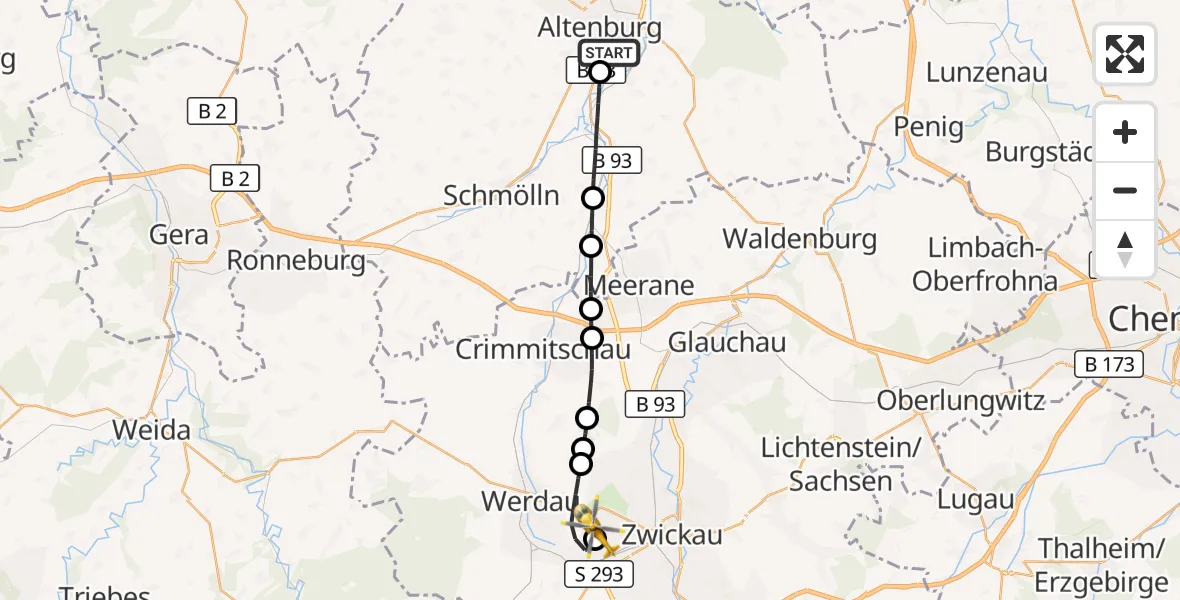 Flugroute Rettungshubschrauber Altenburg - ADAC Air Rescue Station Zwickau Hubschrauberlandeplatz, 12 September 2026, 12:51