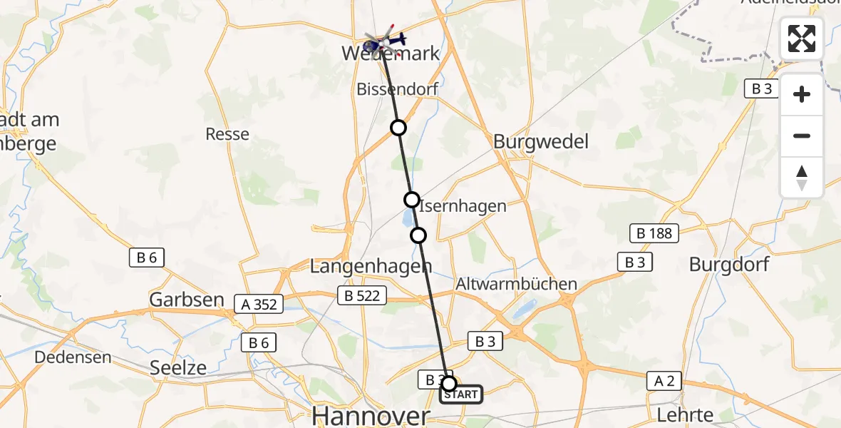 Flugroute Polizeihubschrauber Hannover Luftrettung Hubschrauberlandeplatz (Christoph 4) - Wedemark, 12 September 2026, 12:52