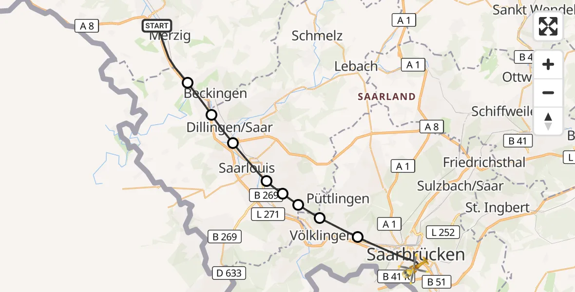 Flugroute Rettungshubschrauber Merzig - Saarbrücken, 12 September 2026, 12:58
