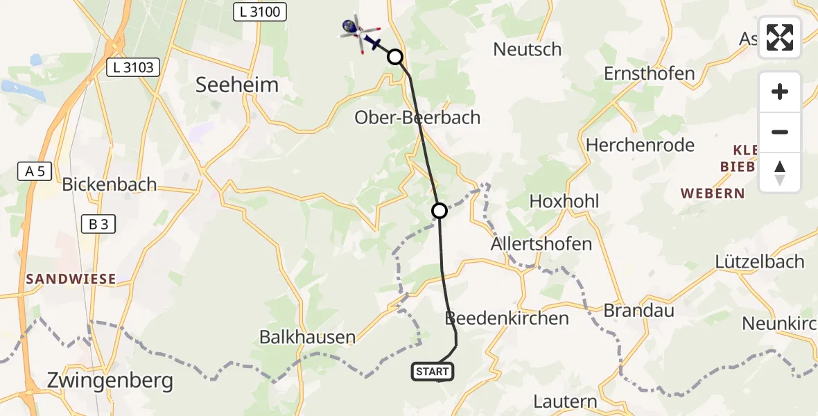 Flugroute Polizeihubschrauber Lautertal (Odenwald) - Mühltal, 12 September 2026, 13:04