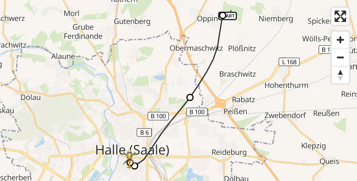 Flugroute Rettungshubschrauber Halle-Oppin Flugplatz - Sankt Elisabeth and Sankt Barbara Hospital Halle (Saale), 12 September 2026, 13:05