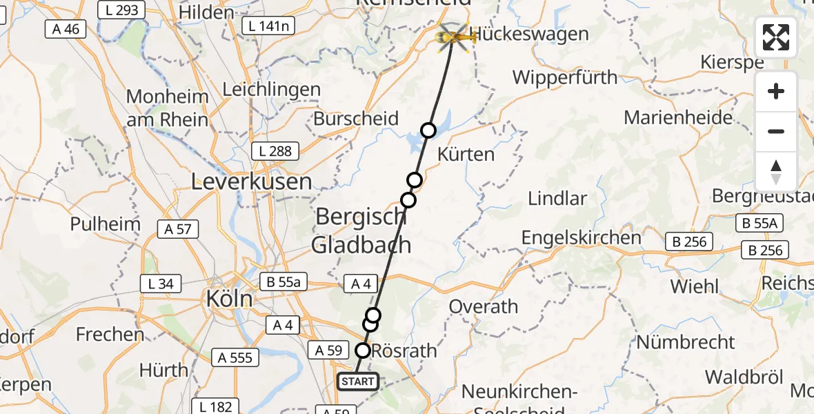 Flugroute Rettungshubschrauber Köln Bonn Flughafen - Wermelskirchen, 12 September 2026, 13:06