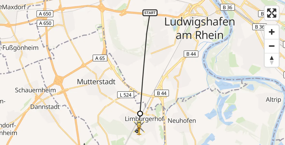 Flugroute Rettungshubschrauber Ludwigshafen am Rhein - Limburgerhof, 12 September 2026, 13:17