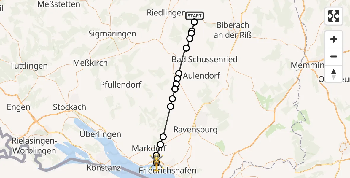 Flugroute Rettungshubschrauber Uttenweiler - Friedrichshafen Hospital, 12 September 2026, 13:23