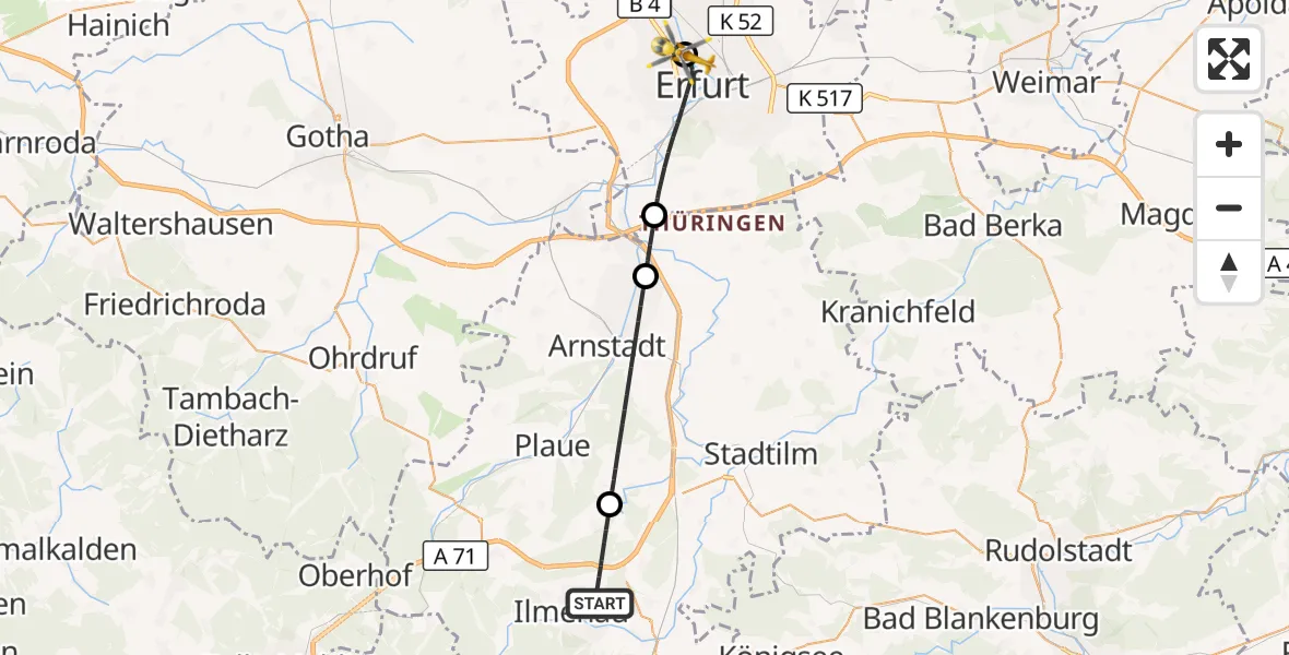 Flugroute Rettungshubschrauber Ilmenau - Helios Clinic Erfurt, 12 September 2026, 13:28