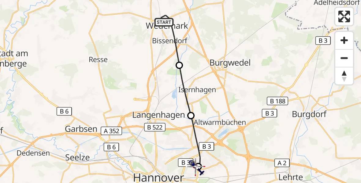 Flugroute Polizeihubschrauber Wedemark - Hannover Luftrettung Hubschrauberlandeplatz (Christoph 4), 12 September 2026, 13:34