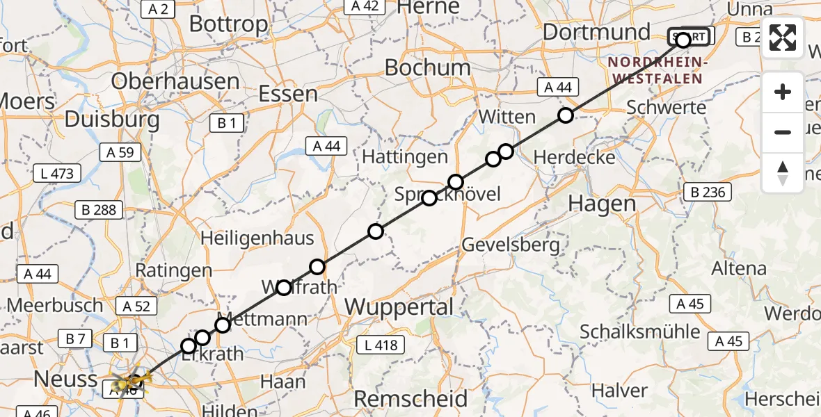 Flugroute Rettungshubschrauber Dortmund Flughafen - Düsseldorf University Hospital, 12 September 2026, 13:40