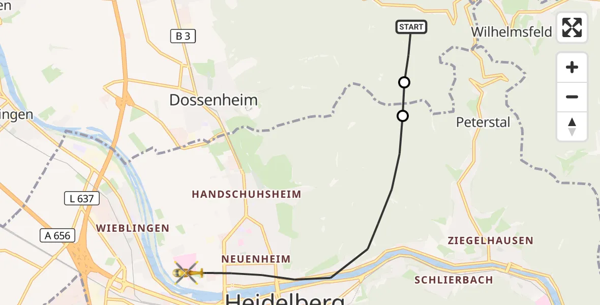 Flugroute Rettungshubschrauber Schriesheim - Heidelberg, 12 September 2026, 13:46