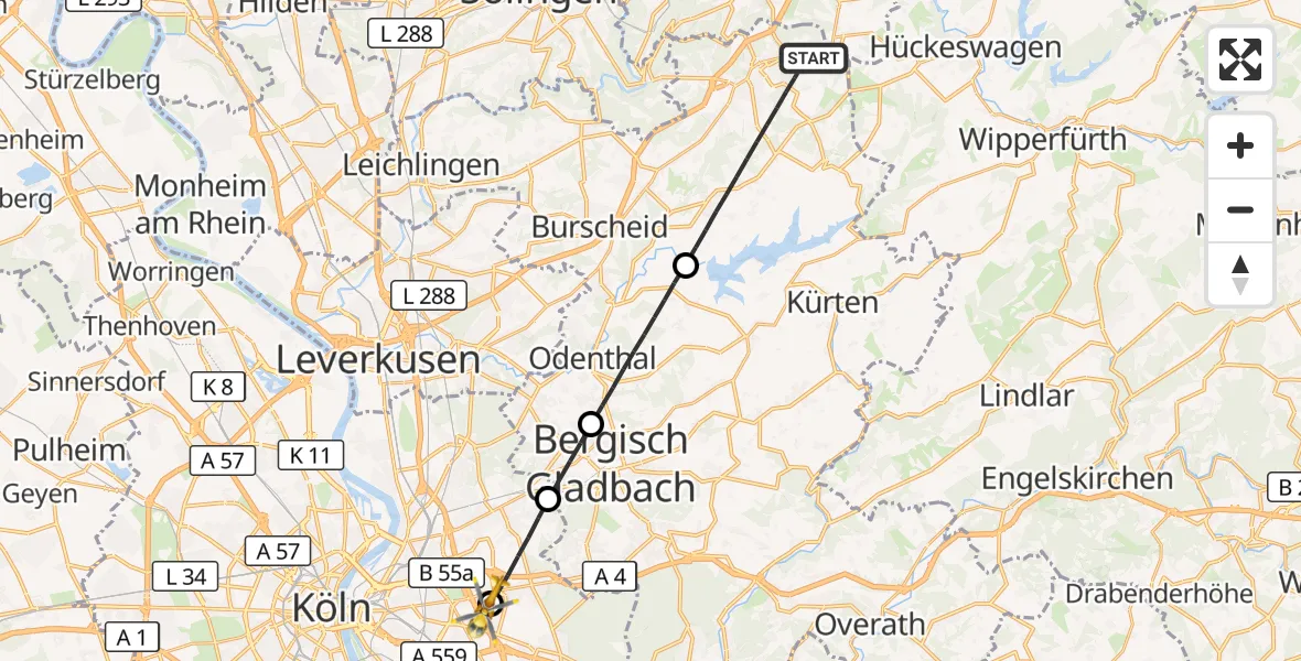 Flugroute Rettungshubschrauber Wermelskirchen - Merheim Hospital, 12 September 2026, 13:53