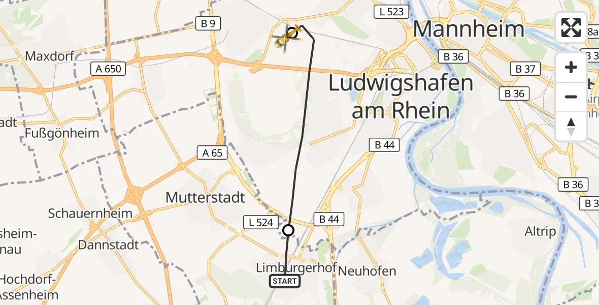 Flugroute Rettungshubschrauber Limburgerhof - Ludwigshafen Accident Hospital, 12 September 2026, 13:54