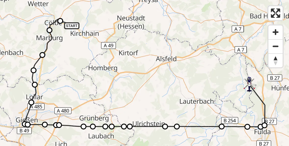 Flugroute Polizeihubschrauber Kirchhain - Schlitz, 12 September 2026, 14:00