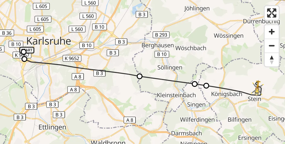 Flugroute Ambulanzhubschrauber Sankt Vincentius Hospital - Königsbach-Stein, 12 September 2026, 14:04