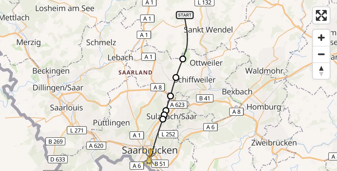Flugroute Rettungshubschrauber St. Wendel - Saarbrücken, 12 September 2026, 14:19