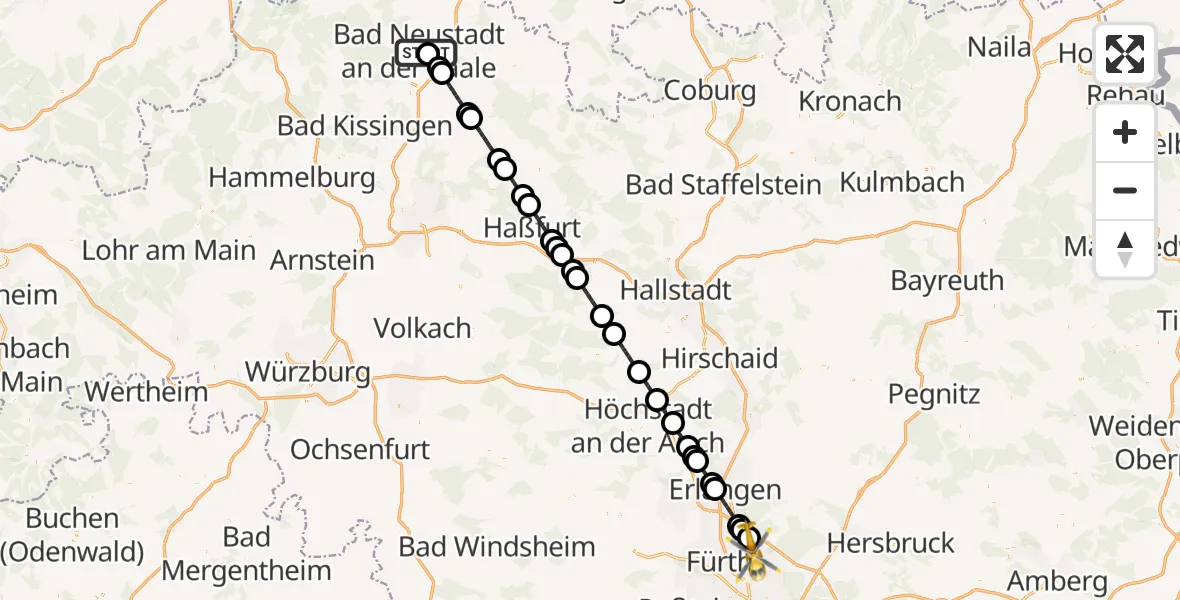 Flugroute Rettungshubschrauber Bad Neustadt an der Saale Hospital - Flughafen Nuremberg, 12 September 2026, 14:20