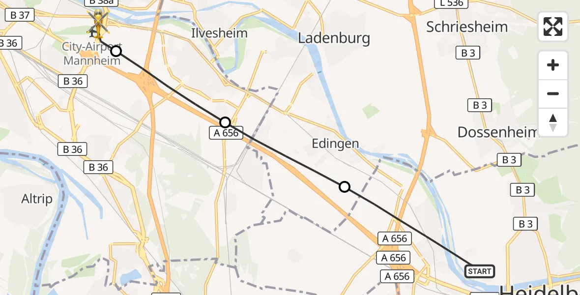Flugroute Rettungshubschrauber Heidelberg - Mannheim-City Flughafen, 12 September 2026, 14:34