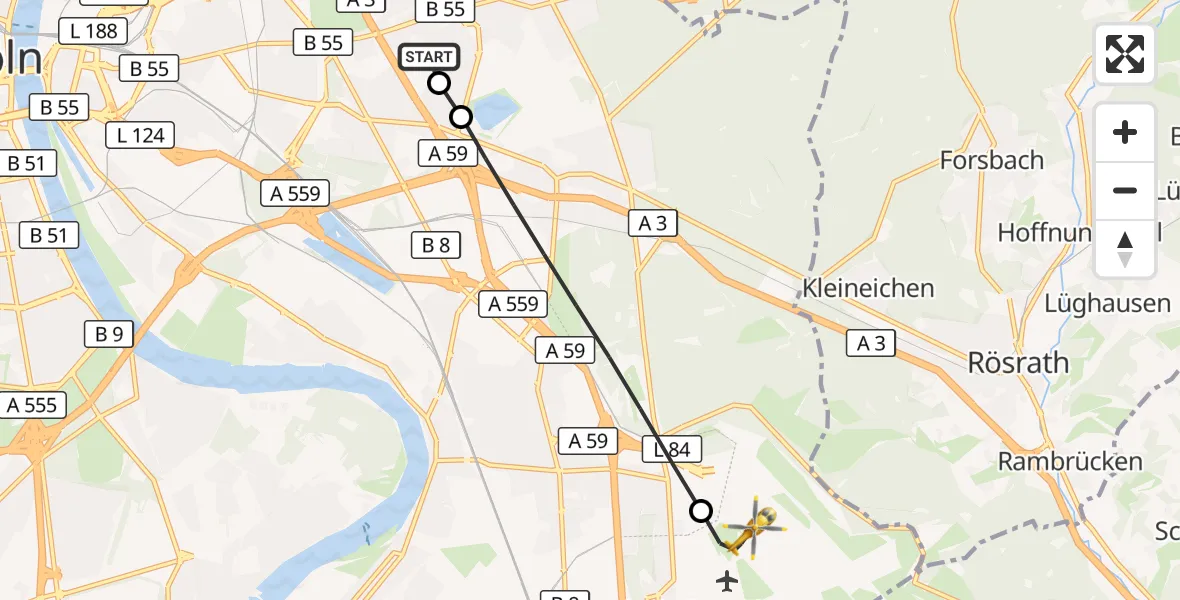 Flugroute Rettungshubschrauber Merheim Hospital - Köln Bonn Flughafen, 12 September 2026, 14:35