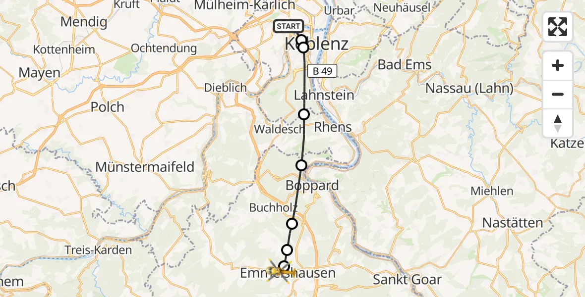 Flugroute Rettungshubschrauber Koblenz - Emmelshausen, 12 September 2026, 14:40