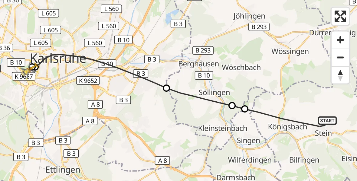 Flugroute Ambulanzhubschrauber Königsbach-Stein - Sankt Vincentius Hospital, 12 September 2026, 14:48