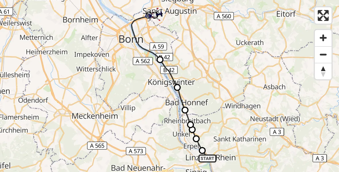 Flugroute Polizeihubschrauber Linz am Rhein - Sankt Augustin, 12 September 2026, 14:49