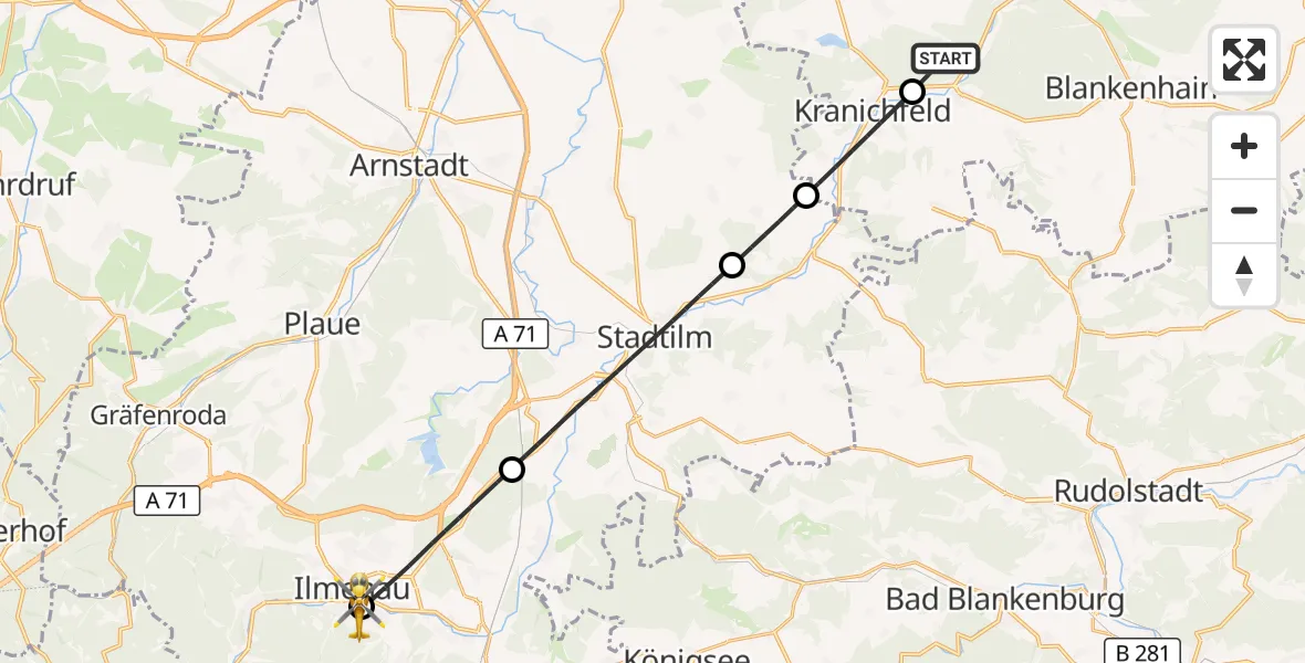 Flugroute Ambulanzhubschrauber Bad Berka - Ilm-Kreis-Kliniken Arnstadt-Ilmenau Hubschrauberlandeplatz, 12 September 2026, 14:52