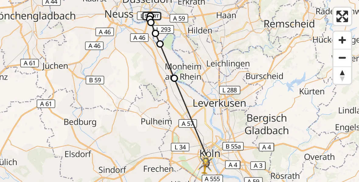 Flugroute Rettungshubschrauber Düsseldorf University Hospital - Köln, 12 September 2026, 14:53