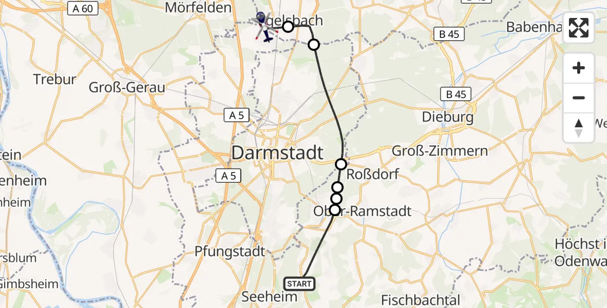 Flugroute Polizeihubschrauber Mühltal - Flughafen Frankfurt-Egelsbach, 12 September 2026, 14:54