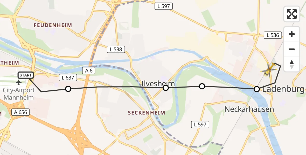 Flugroute Rettungshubschrauber Mannheim-City Flughafen - Ladenburg, 12 September 2026, 14:56