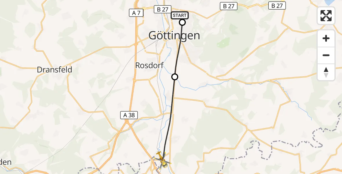 Flugroute Rettungshubschrauber Göttingen University Clinic Hubschrauberlandeplatz - Friedland, 12 September 2026, 14:58