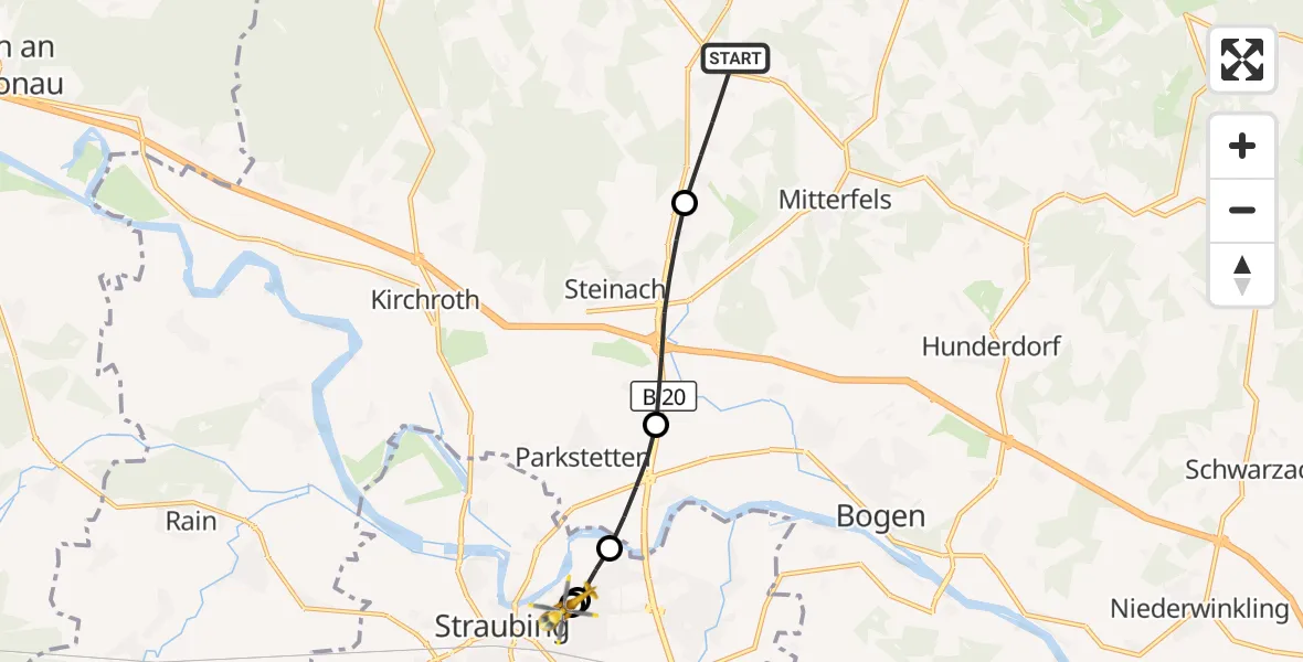 Flugroute Rettungshubschrauber Ascha - Sankt Elisabeth Hospital Straubing, 12 September 2026, 15:07