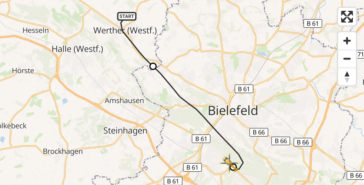 Flugroute Rettungshubschrauber Werther (Westf.) - Luftrettungszentrum Bielefeld, 12 September 2026, 15:11