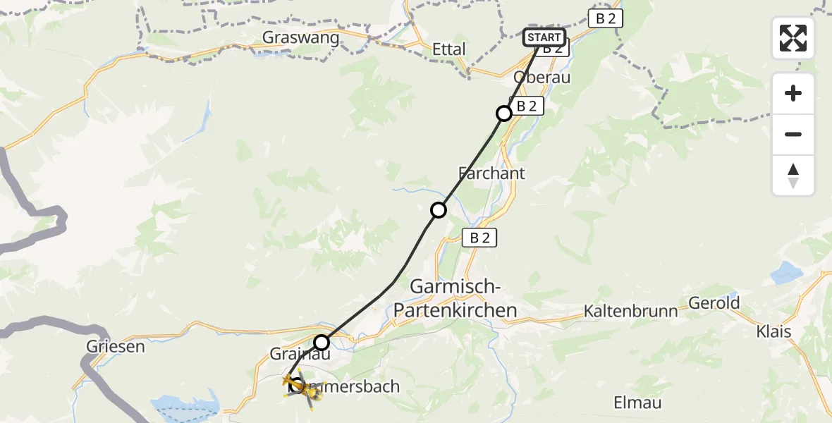 Flugroute Rettungshubschrauber Oberau - Brandweg Hubschrauberlandeplatz, 12 September 2026, 15:11
