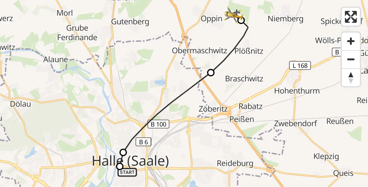 Flugroute Rettungshubschrauber Sankt Elisabeth and Sankt Barbara Hospital Halle (Saale) - Halle-Oppin Flugplatz, 12 September 2026, 15:13