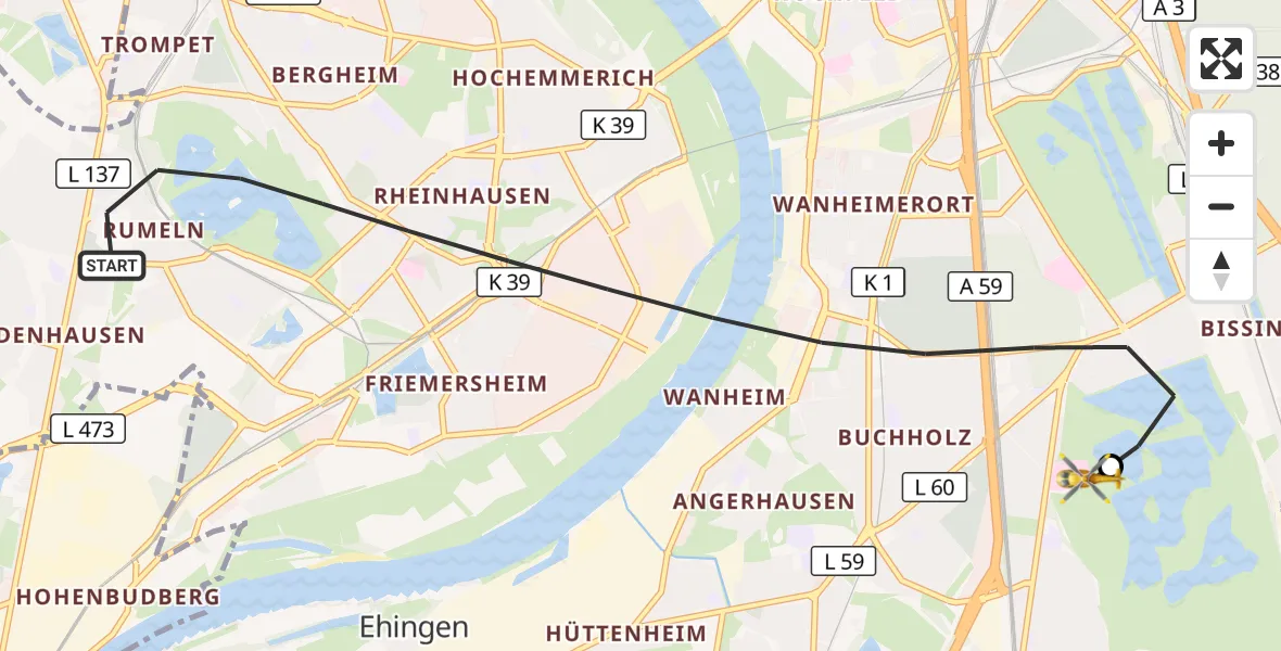 Flugroute Rettungshubschrauber Duisburg - Duisburg Air Rescue Hubschrauberlandeplatz (Christoph 9), 12 September 2026, 15:15