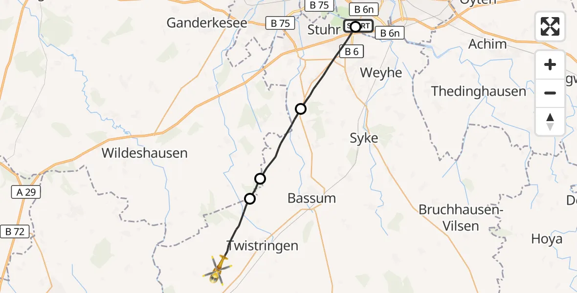 Flugroute Rettungshubschrauber Bremen - Twistringen, 12 September 2026, 15:16
