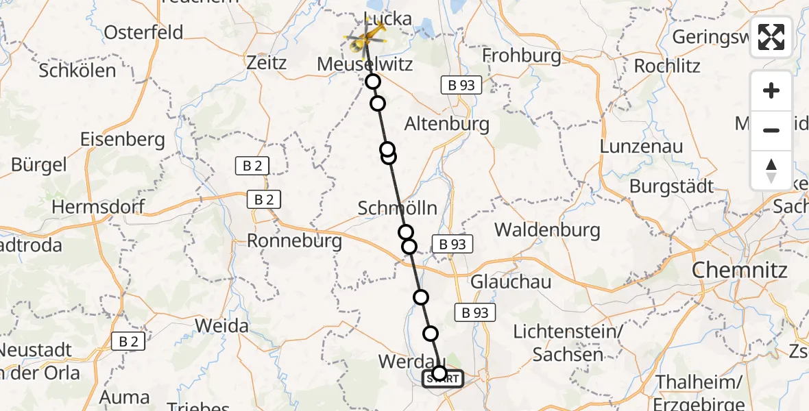 Flugroute Rettungshubschrauber ADAC Air Rescue Station Zwickau Hubschrauberlandeplatz - Meuselwitz, 12 September 2026, 15:24