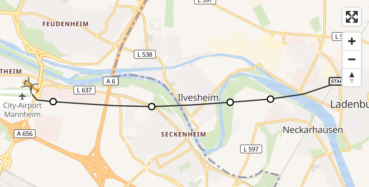 Flugroute Rettungshubschrauber Ladenburg - Mannheim-City Flughafen, 12 September 2026, 15:28