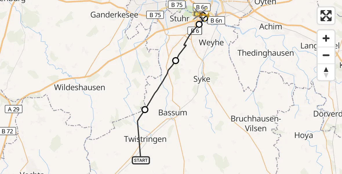 Flugroute Rettungshubschrauber Twistringen - ADAC Air Rescue Station Bremen Hubschrauberlandeplatz (Christoph 6), 12 September 2026, 15:40
