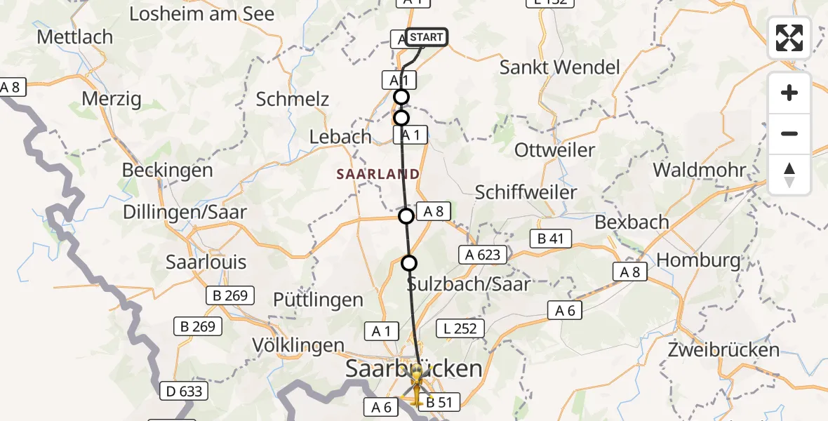 Flugroute Rettungshubschrauber Tholey - Saarbrücken, 12 September 2026, 15:43