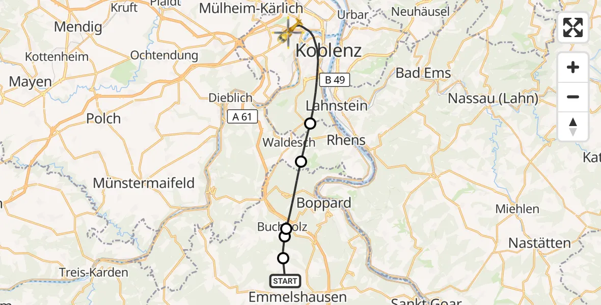 Flugroute Rettungshubschrauber Halsenbach - Koblenz, 12 September 2026, 15:46