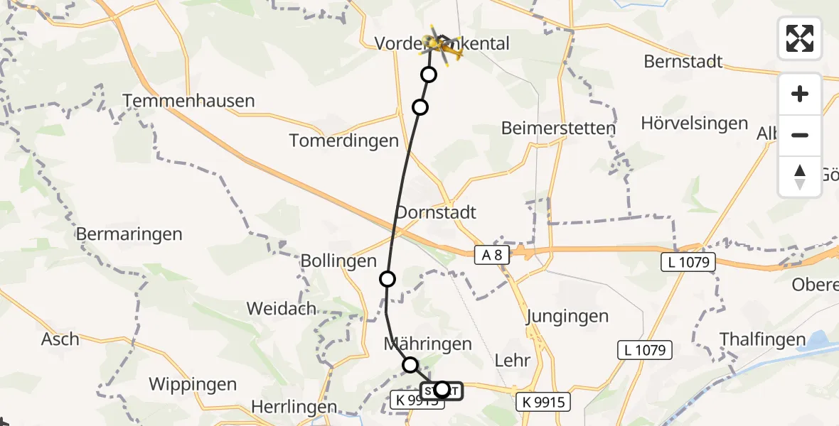 Flugroute Rettungshubschrauber Ulm Military Hospital Emergency - Westerstetten, 12 September 2026, 15:51