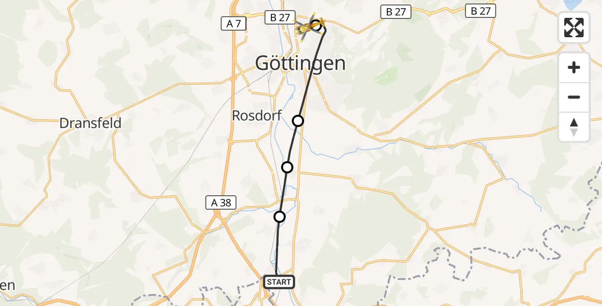 Flugroute Rettungshubschrauber Friedland - Göttingen University Clinic Hubschrauberlandeplatz, 12 September 2026, 15:52