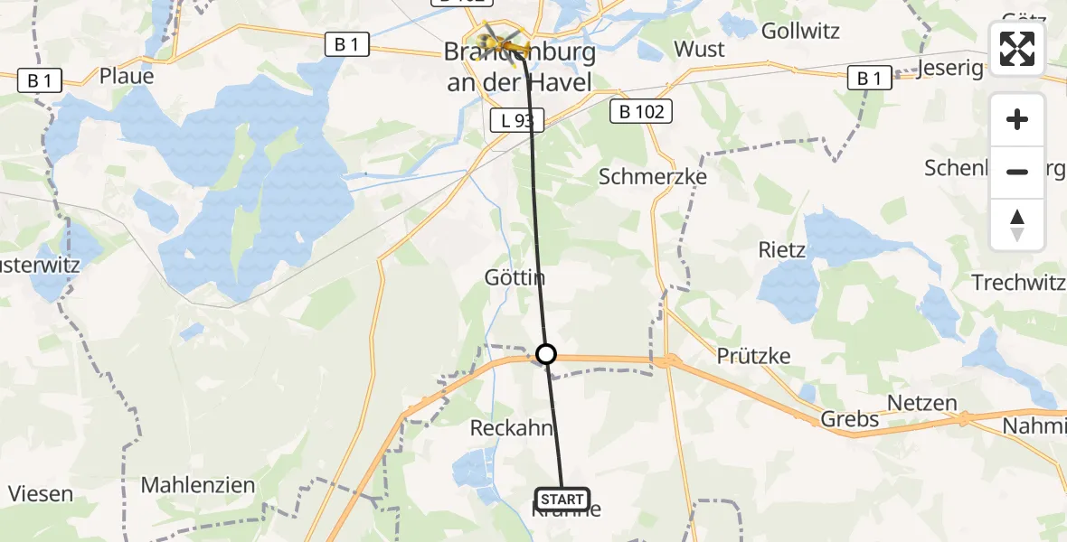 Flugroute Rettungshubschrauber Kloster Lehnin - Brandenburg an der Havel, 12 September 2026, 16:02