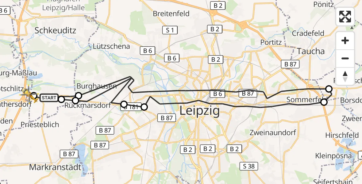 Flugroute Rettungshubschrauber Schkeuditz - ADAC Air Rescue Station Leipzig/Schkeuditz-Dölzig Hubschrauberlandeplatz (Christoph 61), 12 September 2026, 16:20