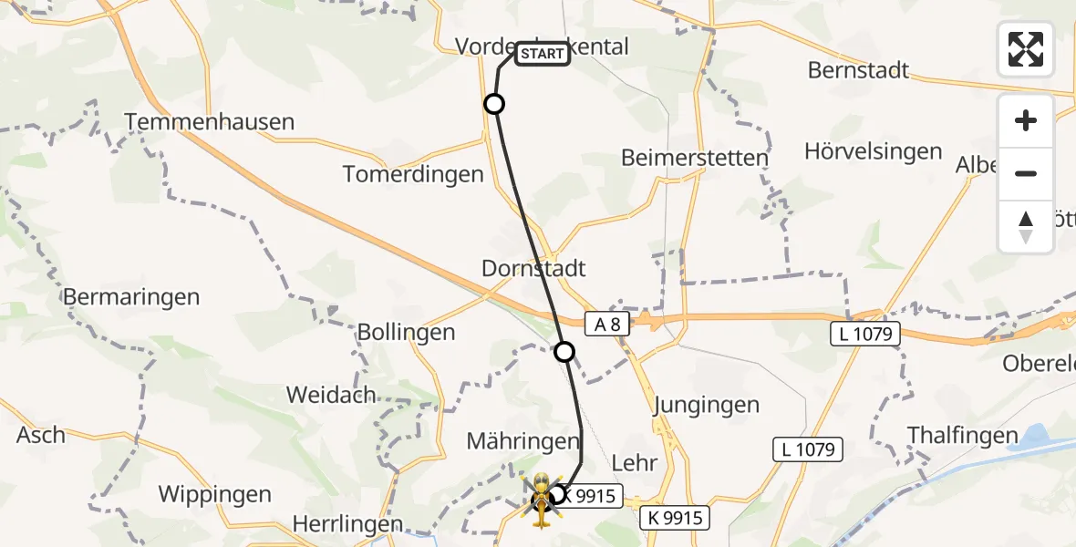 Flugroute Rettungshubschrauber Westerstetten - ADAC Air Rescue Station Ulm (Christoph 22), 12 September 2026, 16:25