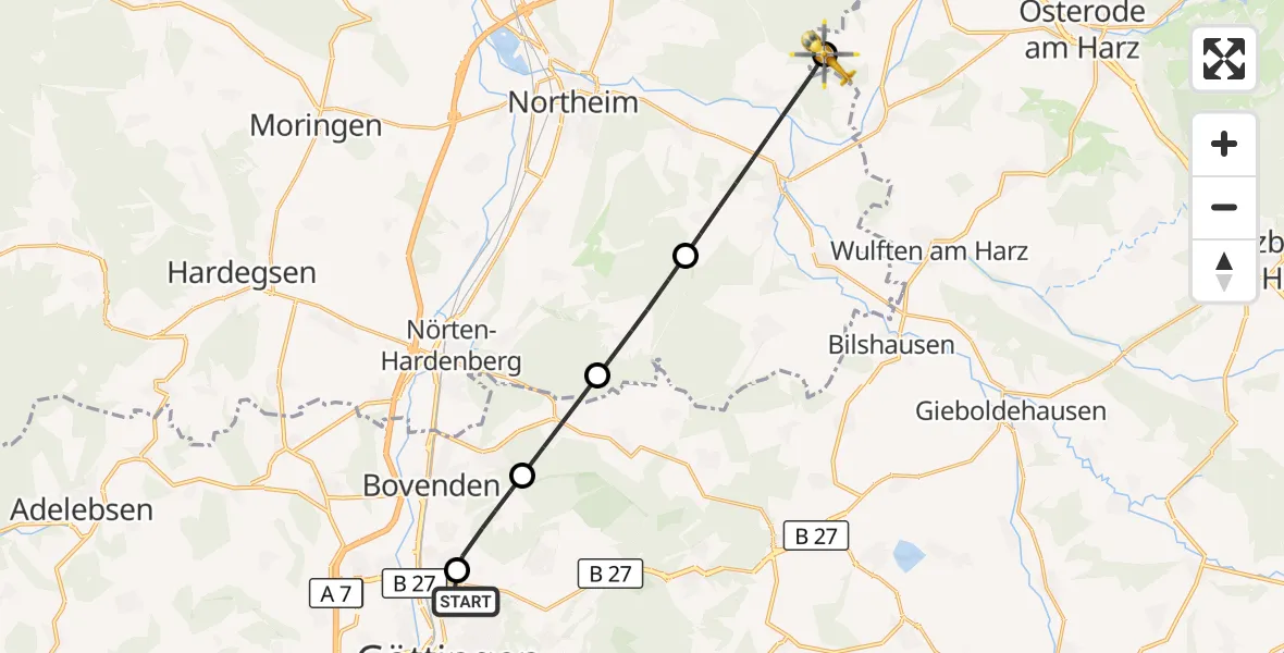 Flugroute Rettungshubschrauber Göttingen University Clinic Hubschrauberlandeplatz - Osterode am Harz, 12 September 2026, 16:41