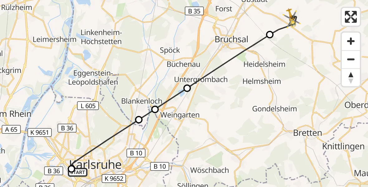 Flugroute Ambulanzhubschrauber Sankt Vincentius Hospital - Kraichtal, 12 September 2026, 16:43