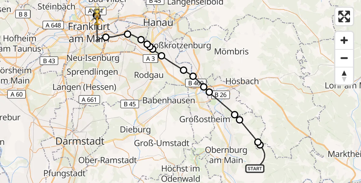 Flugroute Rettungshubschrauber Eschau - Frankfurt am Main Accident Hospital Roof Helipad (CHX2), 12 September 2026, 16:59