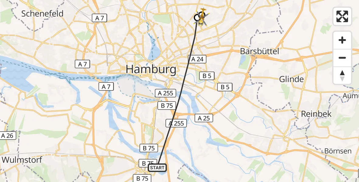 Flugroute Rettungshubschrauber Hamburg - Hamburg Military Hospital, 12 September 2026, 17:19